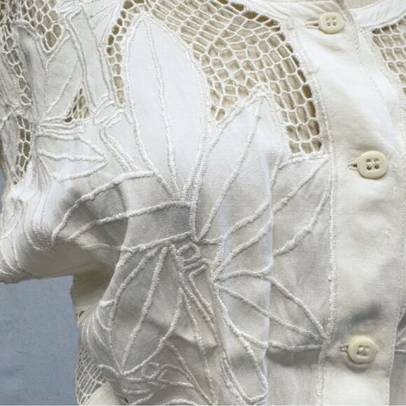 Lassy Doll white Rayon & crochet detail button up blouson midi dress size large - Picture 12 of 16